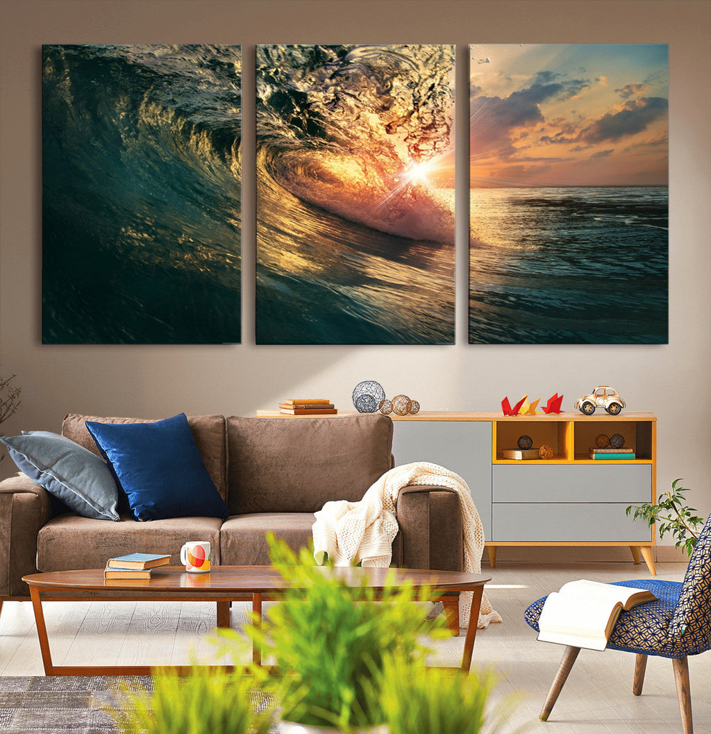 Ocean Wave Sunset Canvas Wall Art | Triptych Seascape Print