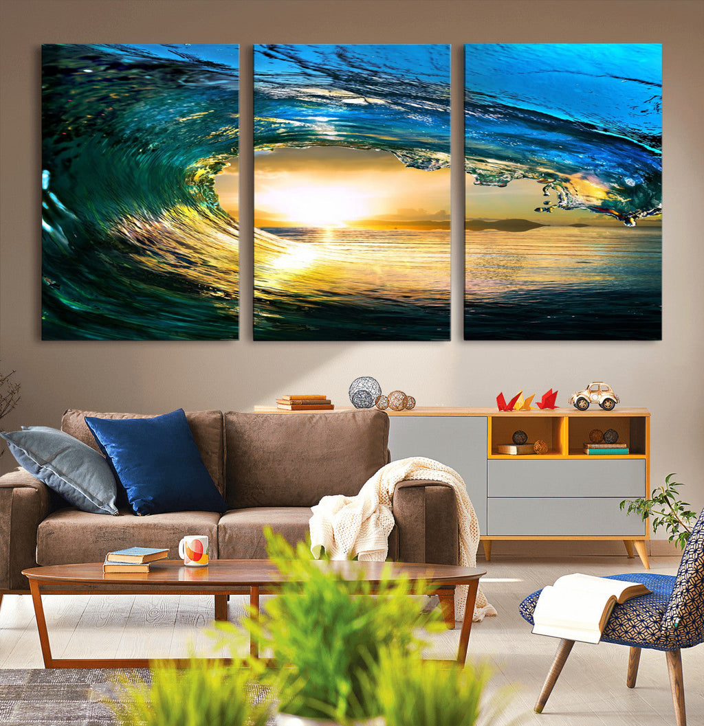 Ocean Wave at Sunset Canvas Art, Large Wall Print of Vibrant Surfing Wave
