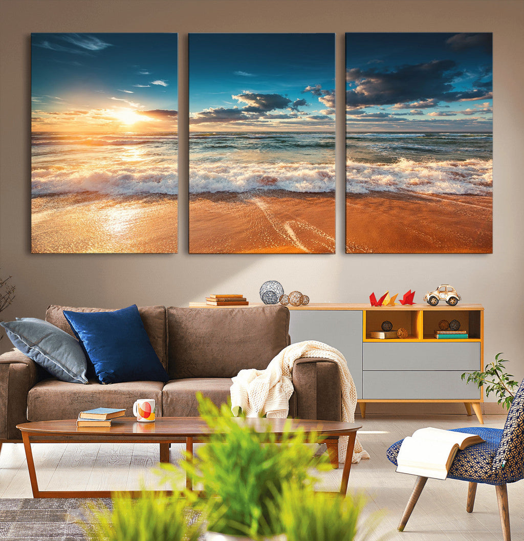 Golden Sunset Beach Triptych Canvas Art, Giclee Coastal Wall Decor, Ocean Waves Print