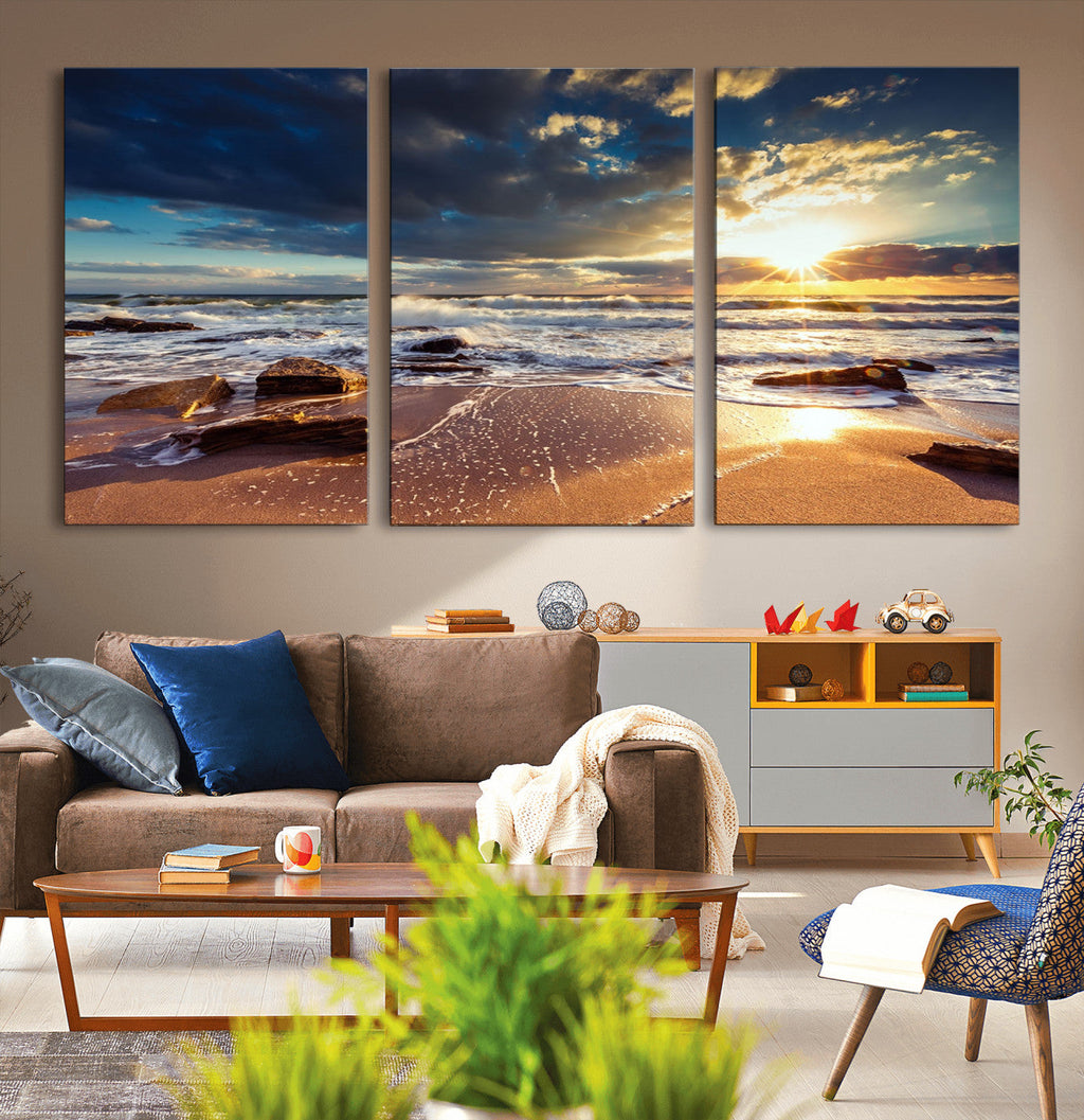 Golden Hour Beach Sunset Canvas Triptych, Ocean Waves and Rocks Wall Art