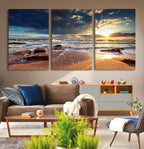 Golden Hour Beach Sunset Canvas Triptych, Ocean Waves and Rocks Wall Art