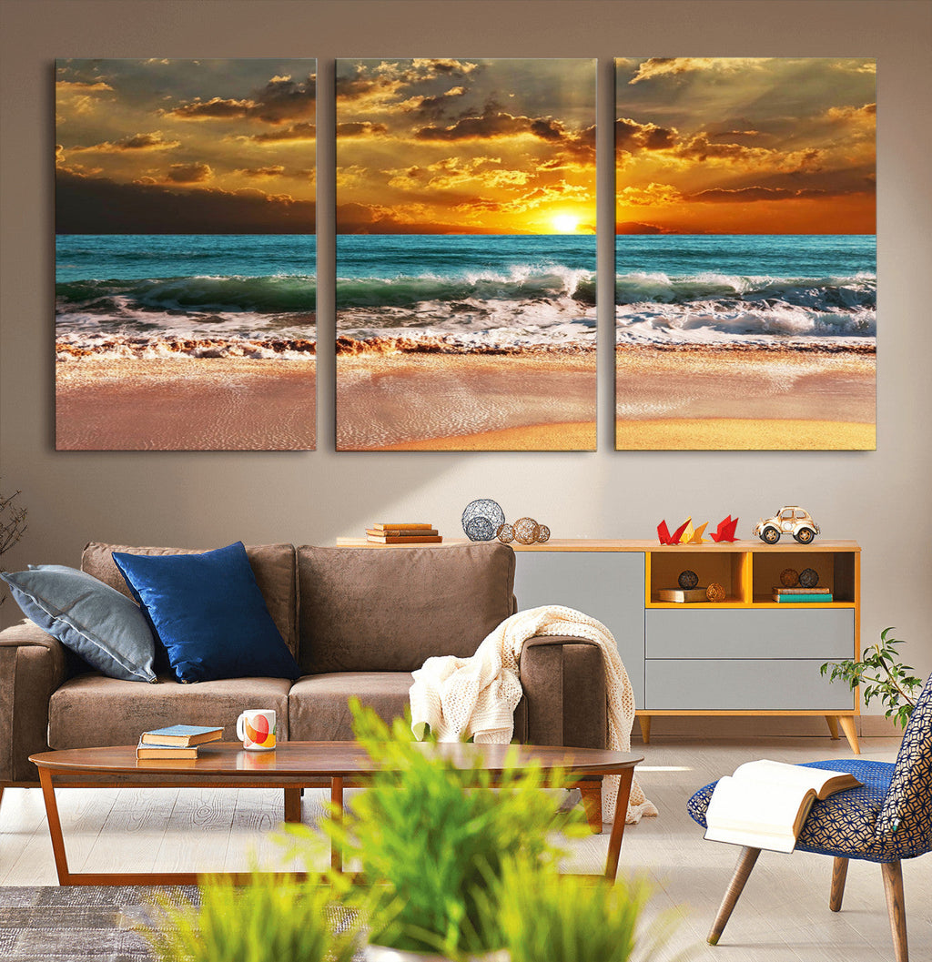 Golden Sunset Beach Canvas Wall Art | Triptych Seascape Print, Framed and Ready to Hang