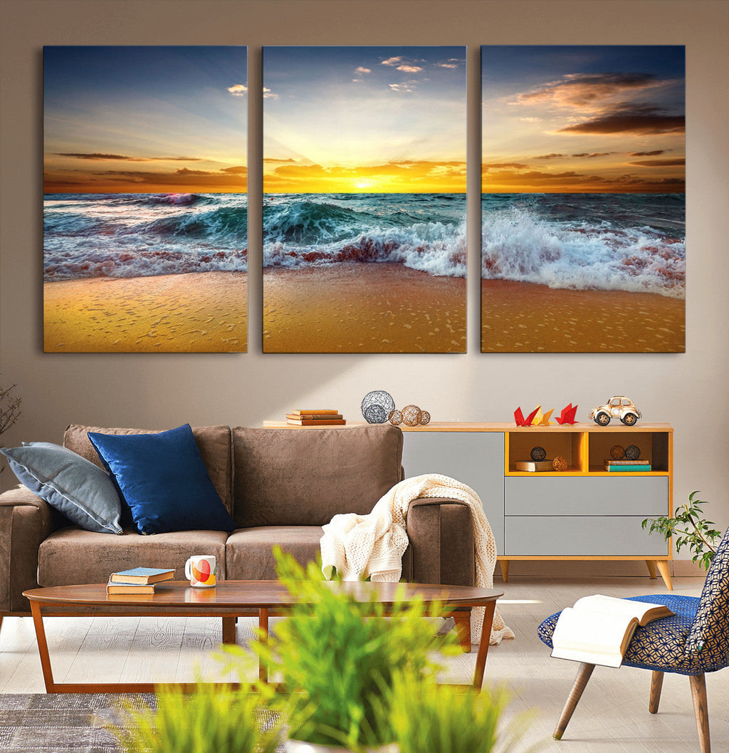 Golden Sunset Ocean Waves Wall Art Canvas Print | Multi Panel Beach Canvas Set, Coastal Triptych