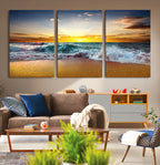 Golden Sunset Ocean Waves Wall Art Canvas Print | Multi Panel Beach Canvas Set, Coastal Triptych
