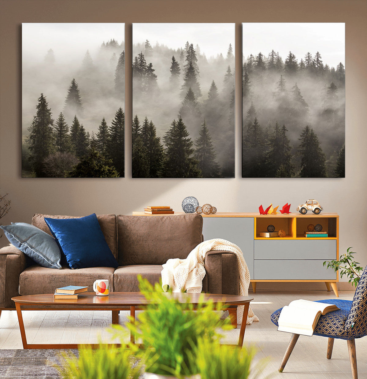 Foggy Mountain Wall Art | 3-Panel Foggy Forest and Mountain Landscape Canvas Print