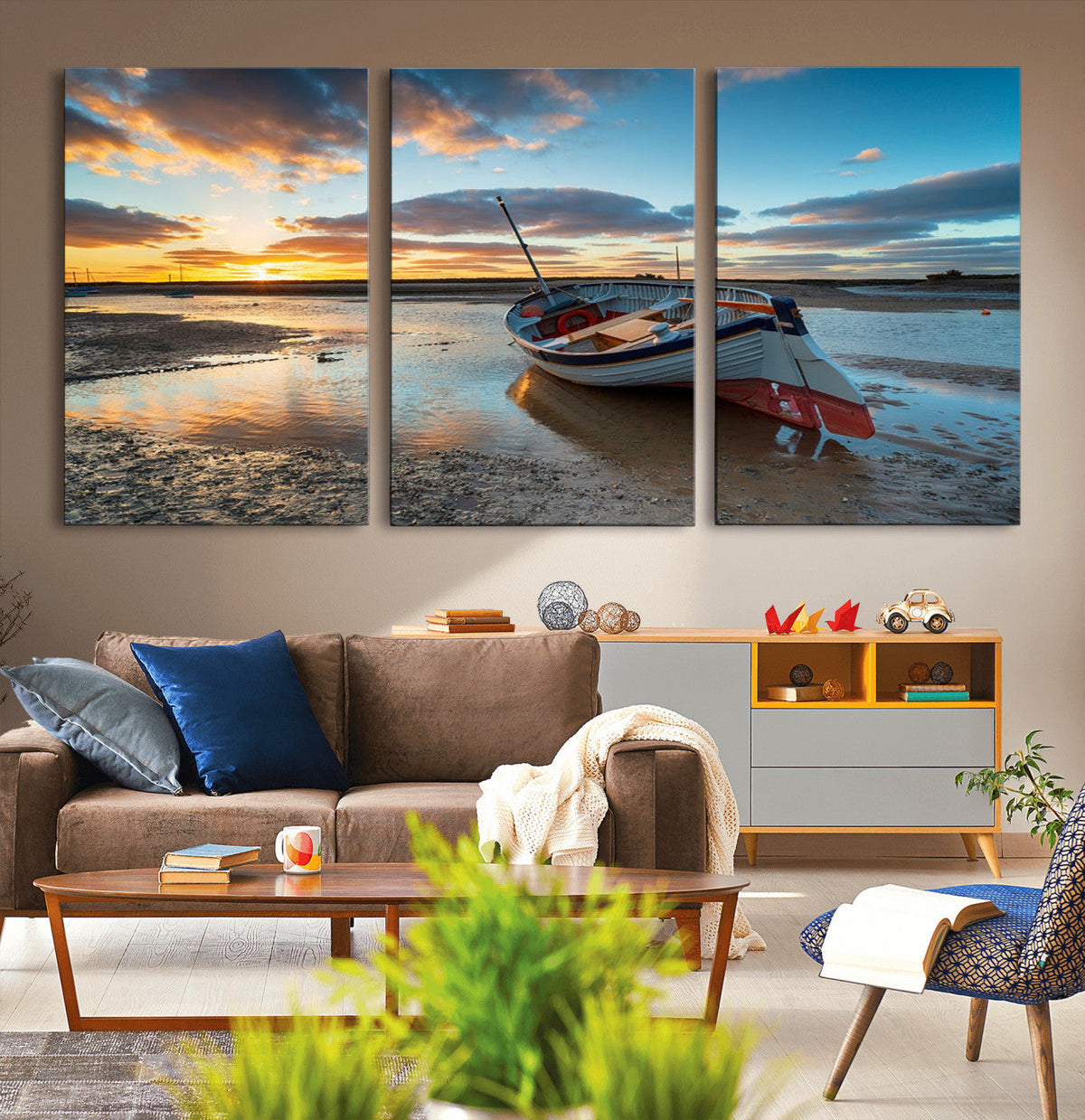 Small Boat At The Beach Sunset Wall Art, Boat Sunset Wall Art Canvas Print