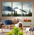 Mountain Mist Canvas Wall Art Print | 3-Panel Foggy Forest and Mountain Landscape