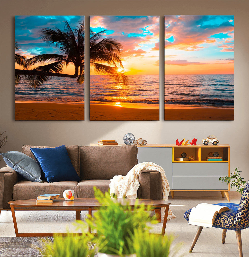 Palm Tree Sunset On The Beach Wall Art Canvas, Framed Palm Tree Sunset Canvas Print