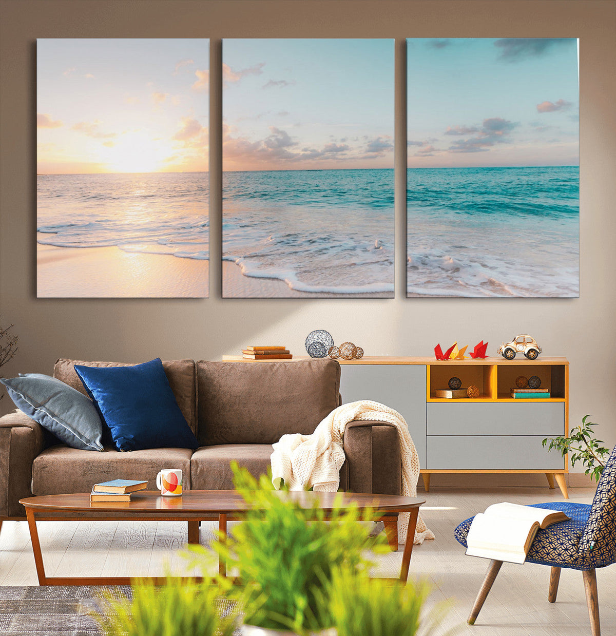 Tranquil Ocean Beach Sunset Canvas Wall Art | 3-Panel Coastal Decor