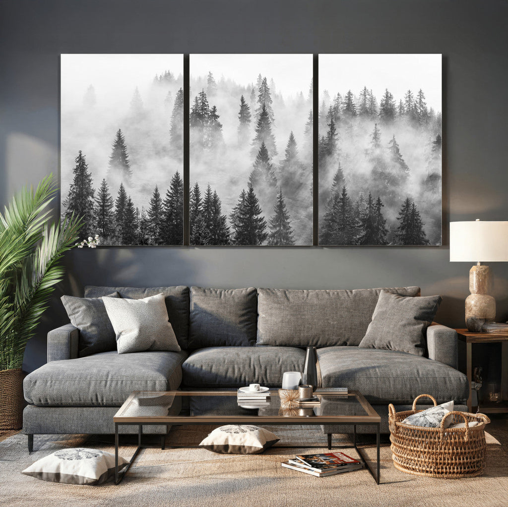 Forest Wall Art Print | Foggy Pine Forest Canvas Wall Art, Black and White Nature Decor