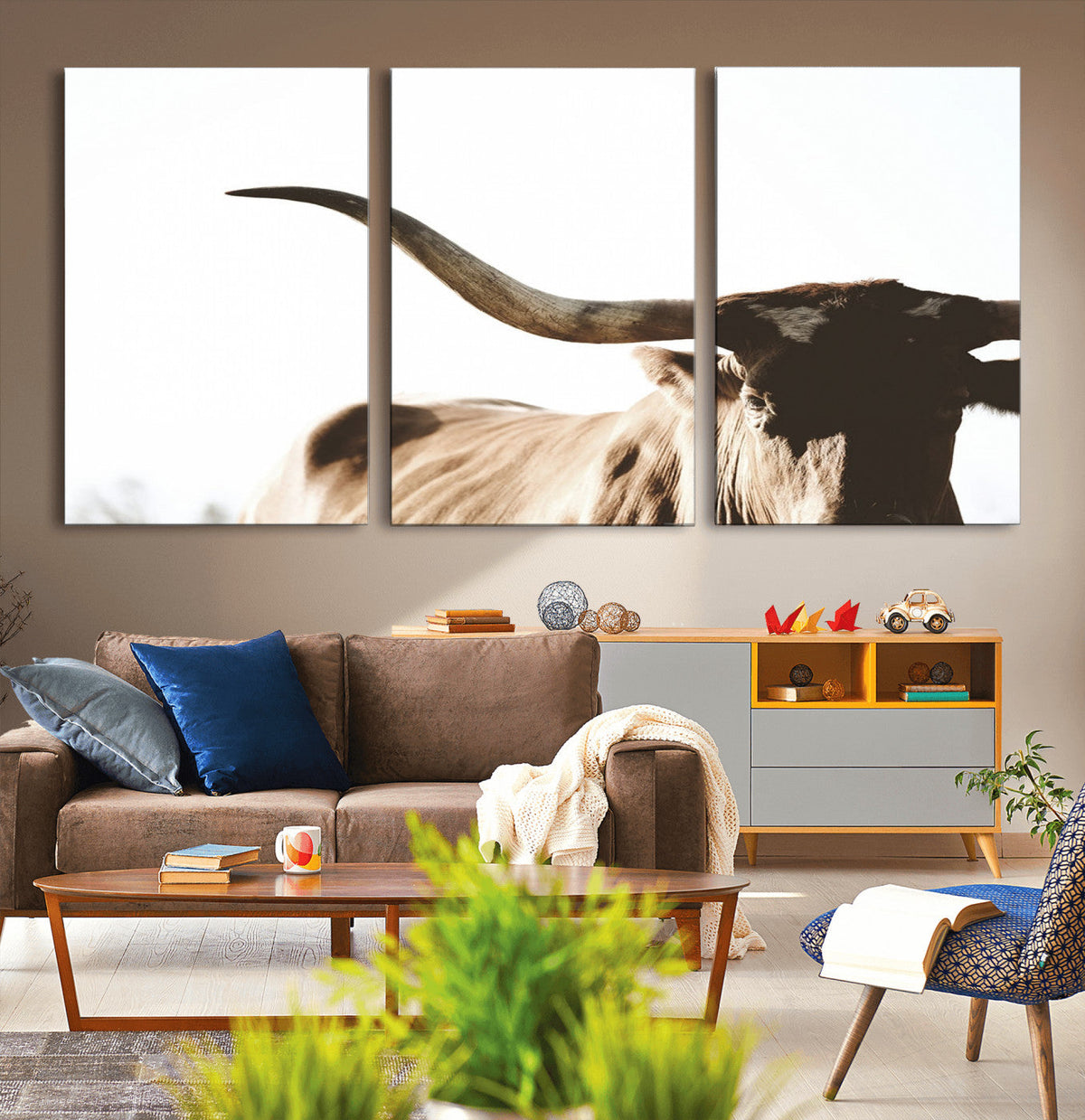 Texas Longhorn Wall Art Canvas Print, 3-Panel