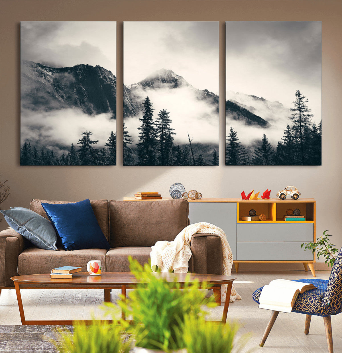 Forest Mountain Print | Black and White Canvas Wall Art with Misty Forest Design