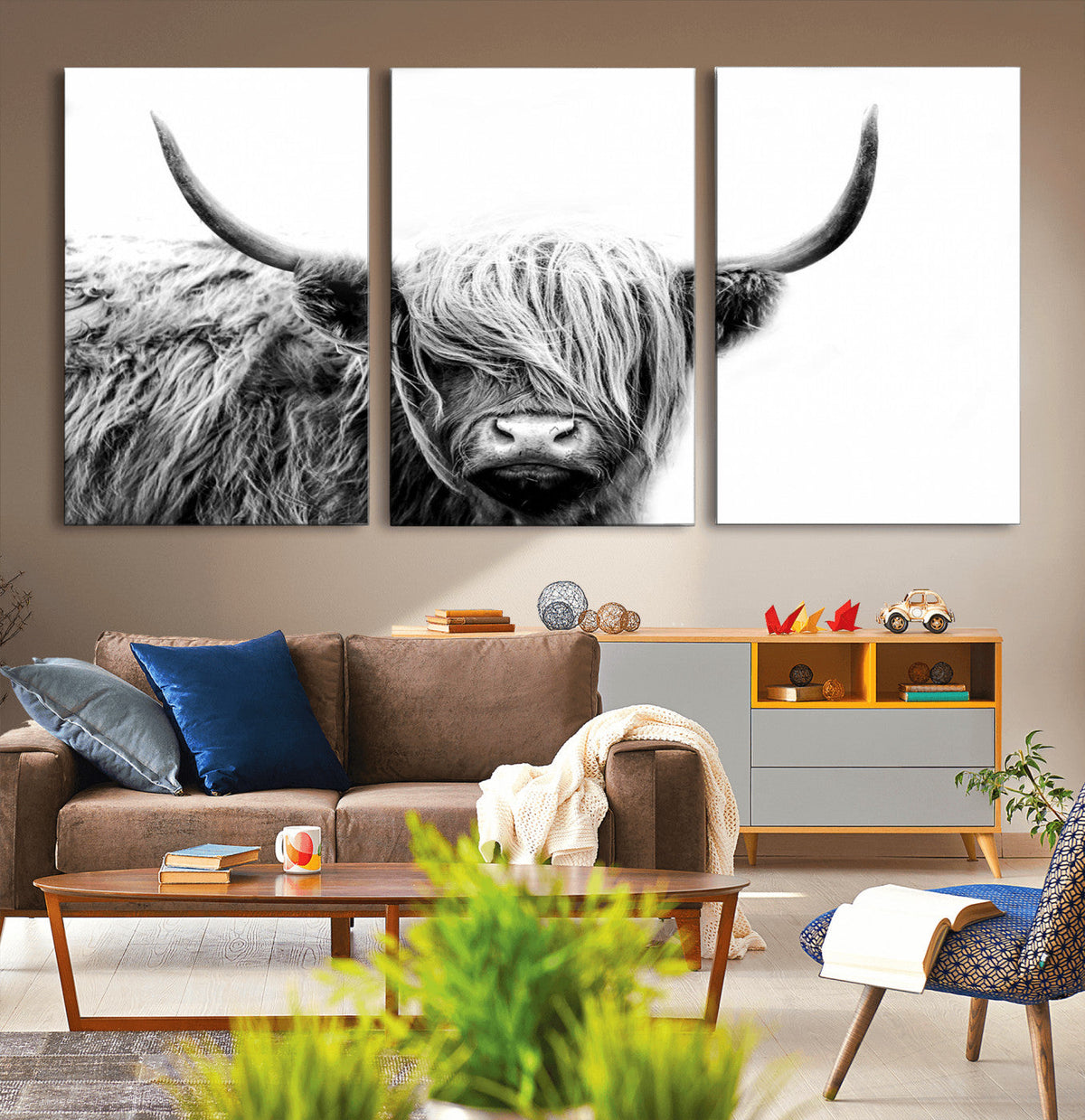 Black White Scottish Highland Cow Cattle Art Print Farmhouse Decor