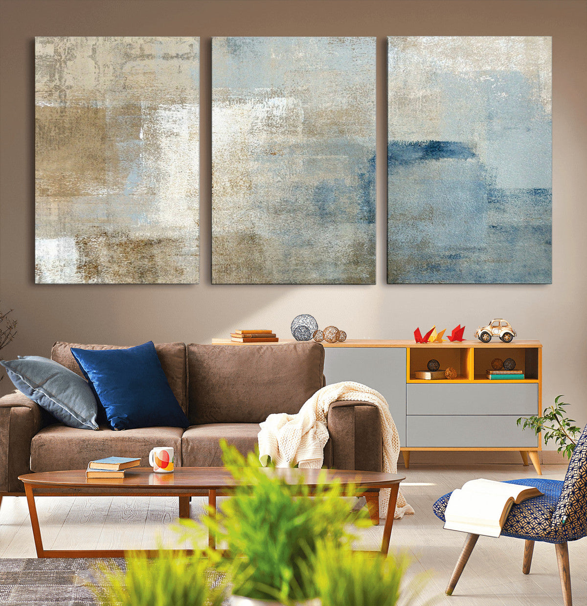Abstract Blue and Beige Wall Art, Modern Minimalist Canvas Print Set
