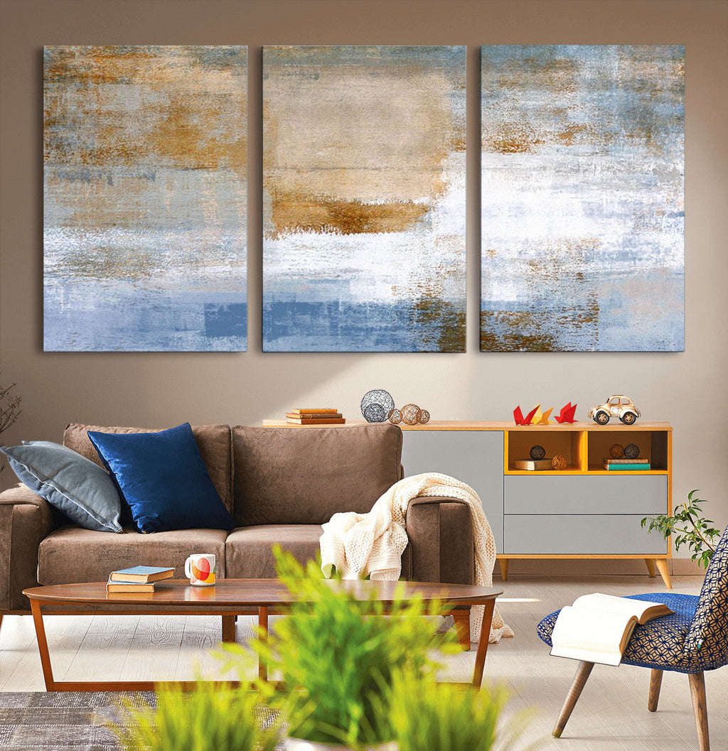 Blue Multi Panel Abstract Wall Art Canvas, Abstract Blue and Gold Canvas Print