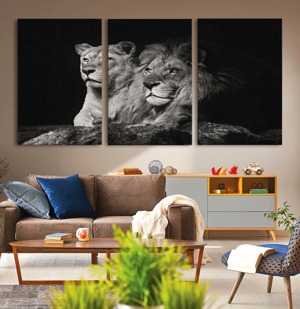 Lion Couple Wall Art Canvas Print, Elegant Black and White Wildlife Portrait