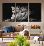 Lion Couple Wall Art Canvas Print, Elegant Black and White Wildlife Portrait