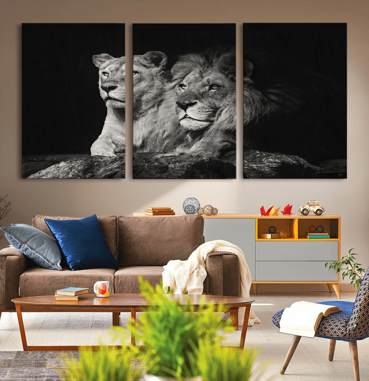 Lion Couple Wall Art Canvas Print, Elegant Black and White Wildlife Portrait
