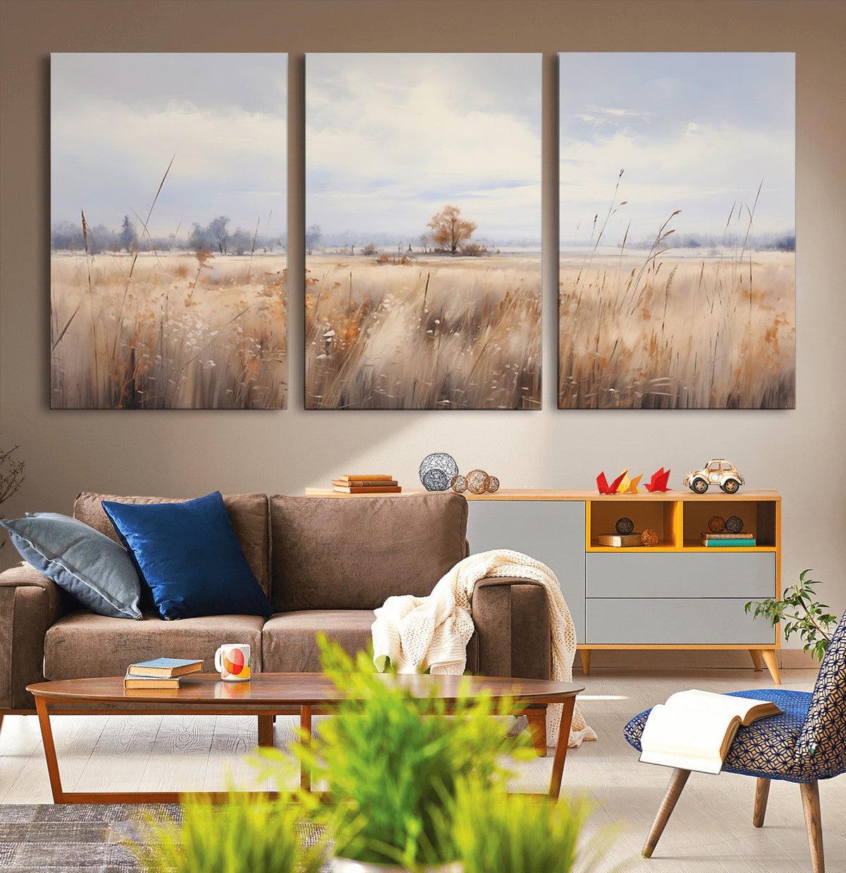 Golden Fields Wall Art Print Canvas | Serene Minimalist Landscape for Farmhouse Decor