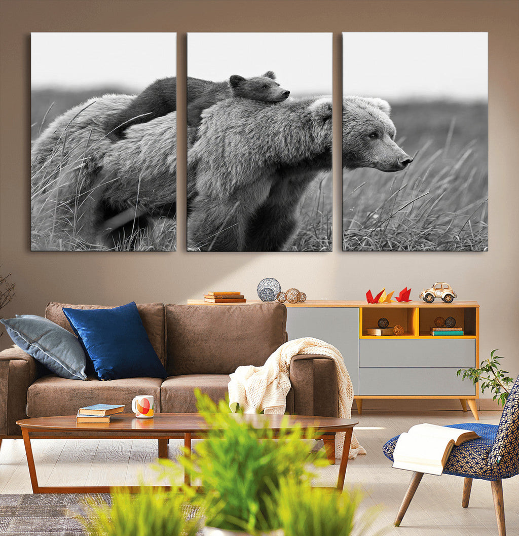 Bear and Cub Wall Art Canvas | Grizzly 399 Bear and Cub Black and White Wildlife Print