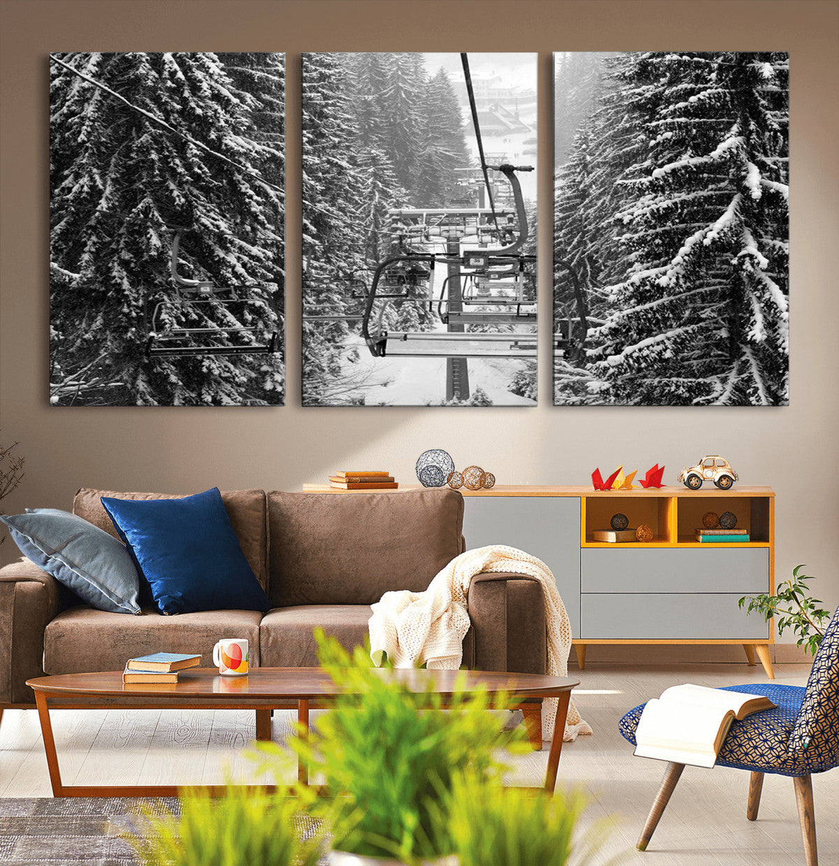 Winter Ski Lift Black and White Canvas Wall Art | Alpine Escape in Minimalist Style