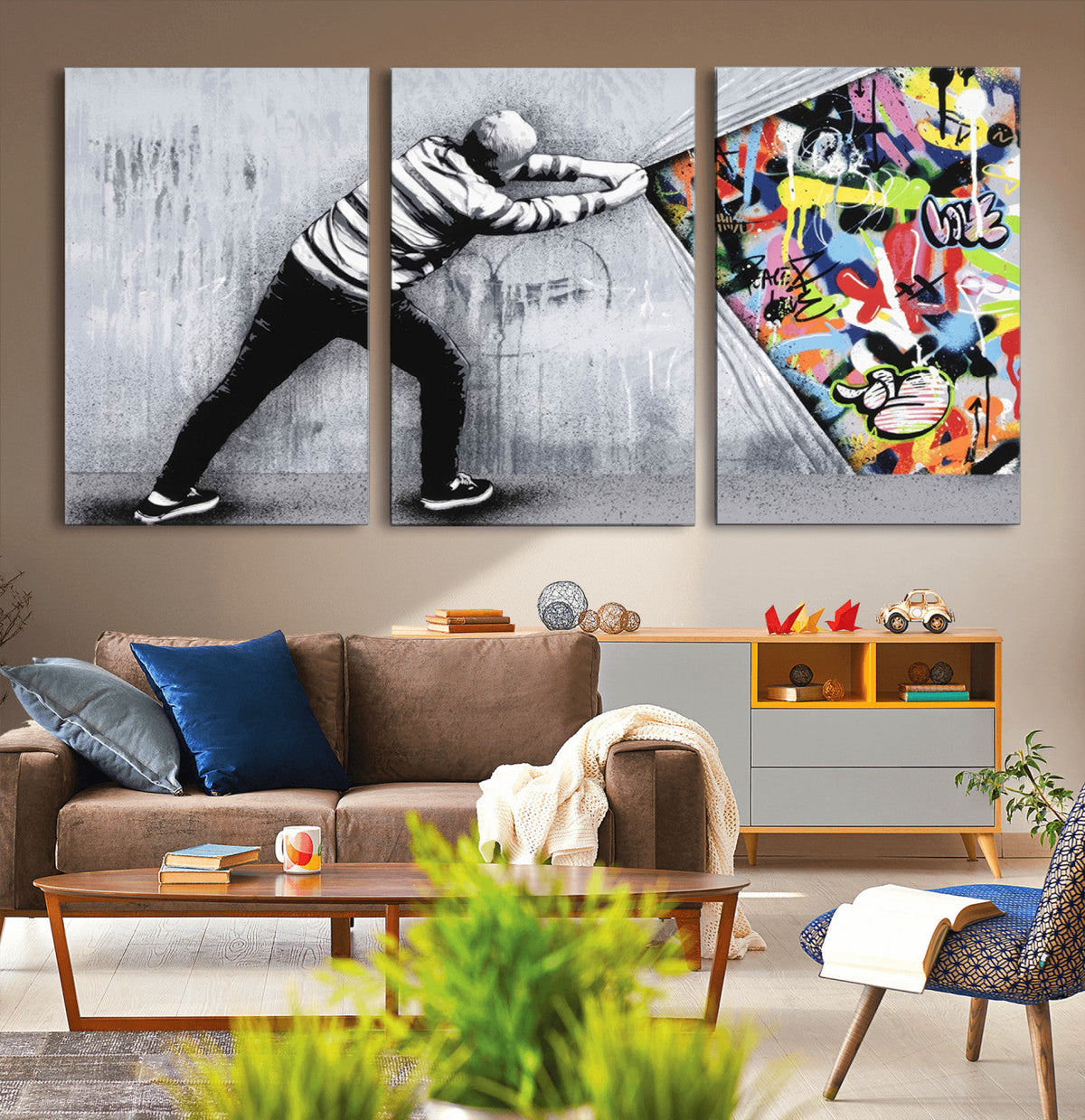Banksy Art Behind the Curtain Street Wall Art Canvas Print | Urban Graffiti Style Wall Decor