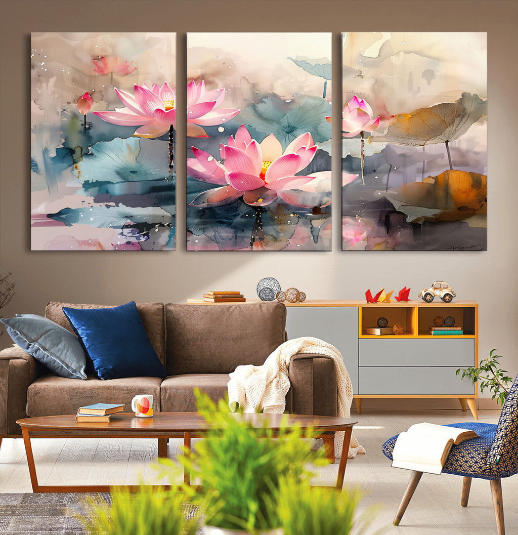 Lotus Flower Wall Art | 3 Panel Giclee Canvas Print of Pink Lotus Blossoms