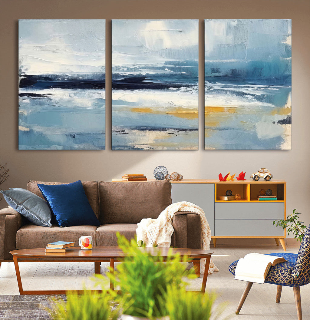 Abstract Ocean Canvas Wall Art - Coastal Blue and Gold