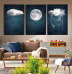 3 Piece Indigo Cloud Wall Art, Thunderstorm Moon Cloud Artwork