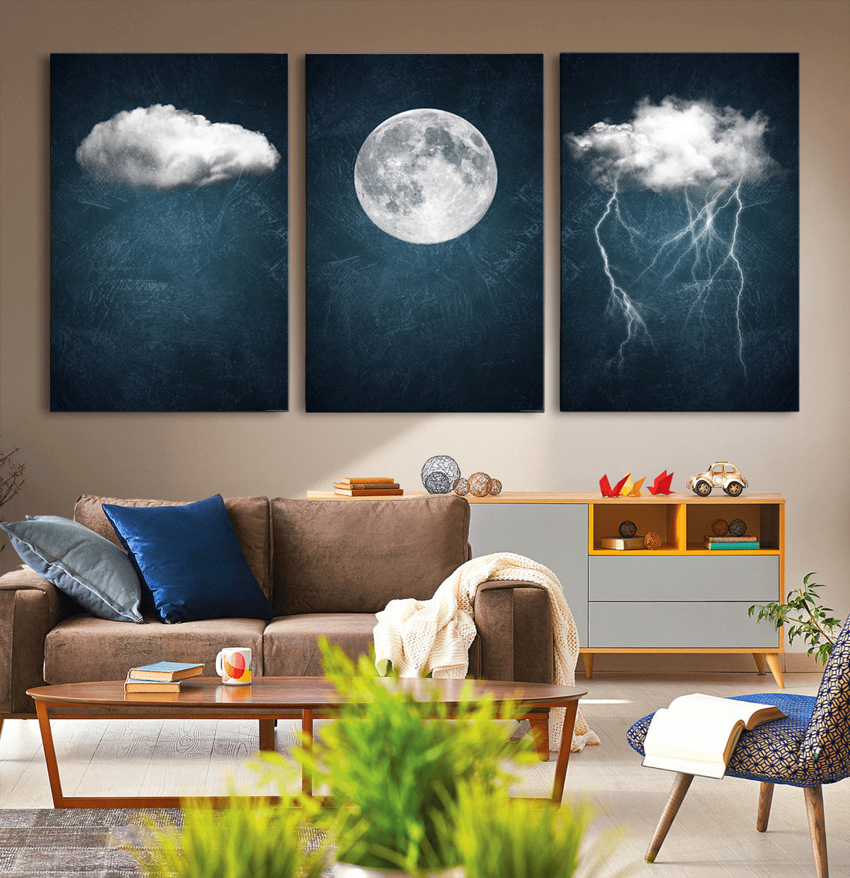 3 Piece Indigo Cloud Wall Art, Thunderstorm Moon Cloud Artwork
