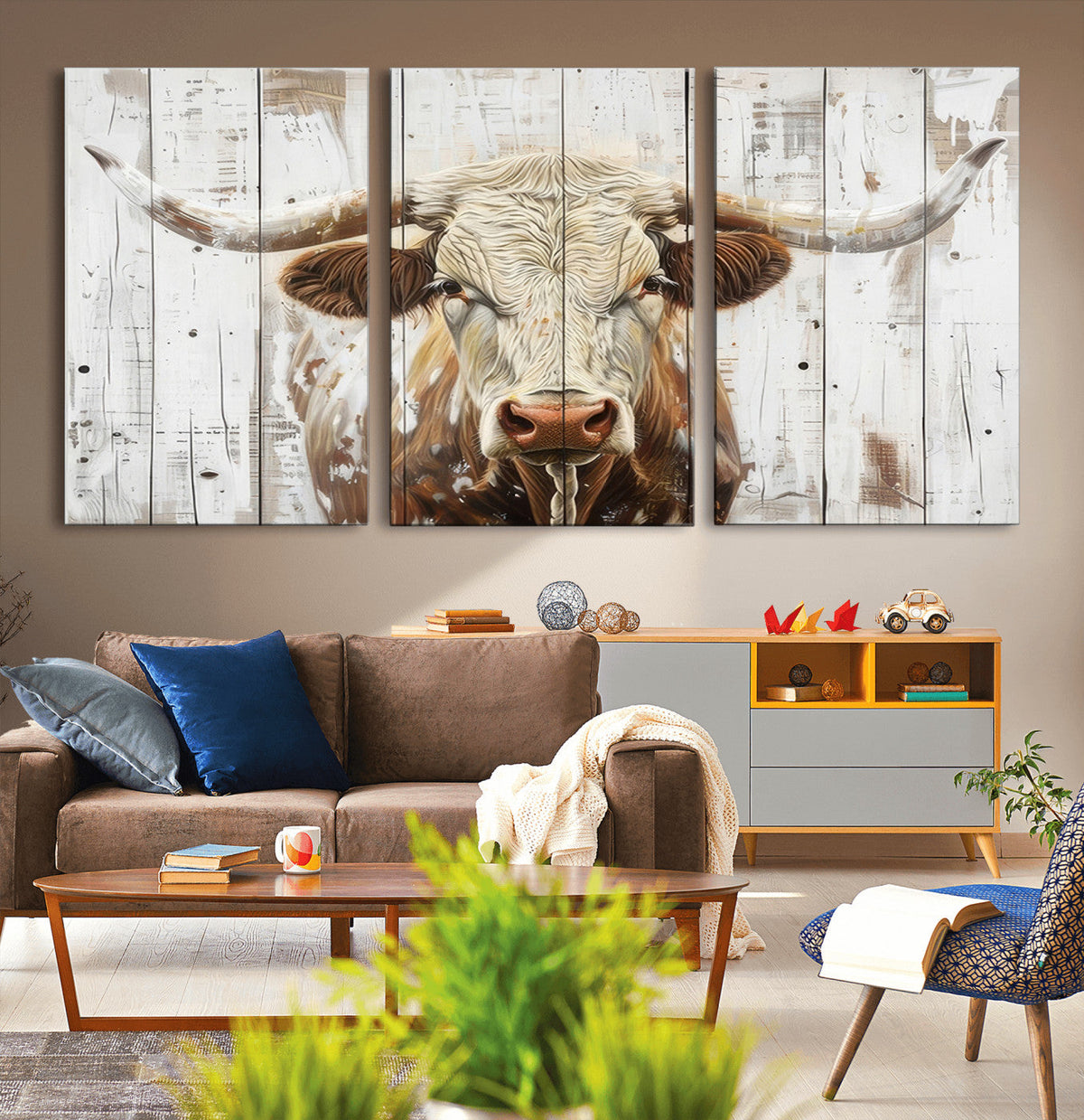 Rustic Longhorn Bull Wall Art Canvas Set