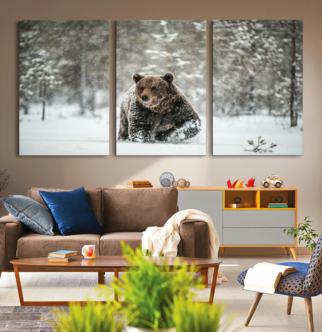 Grizzly Bear Wall Art | Framed Snowy Forest Canvas Artwork