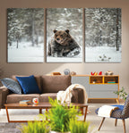 Grizzly Bear Wall Art | Framed Snowy Forest Canvas Artwork