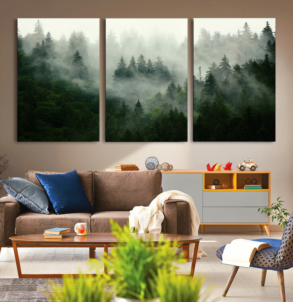 Misty Forest Wall Art | Tranquil Green Woodland Canvas Print