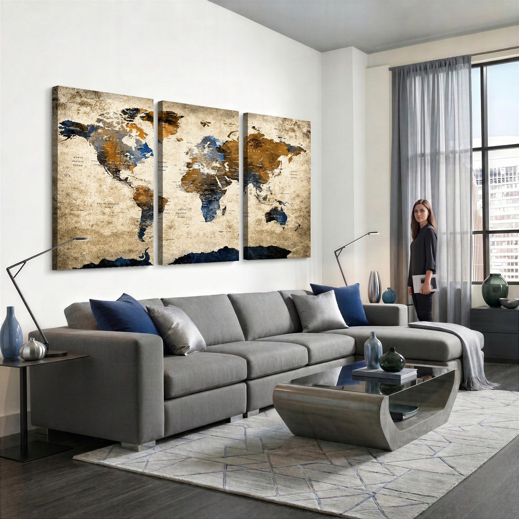 World Map Wall Art | Antique Style Blue and Brown Map Canvas Print
