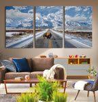 Bison Wall Art | Snowy Road Wall Art | Framed Mountain Landscape Canvas