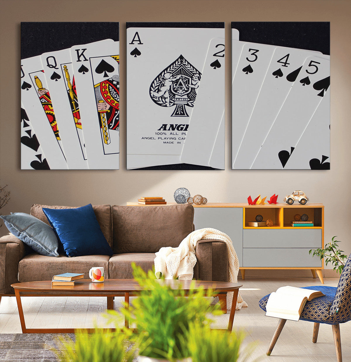 Poker Wall Art - Playing Cards Canvas Wall Art Print - Ace of Spades and Royal Flush Design