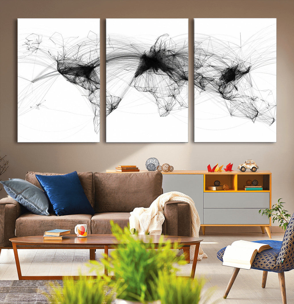 Abstract World Map Wall Art | Framed Geometric Line Canvas