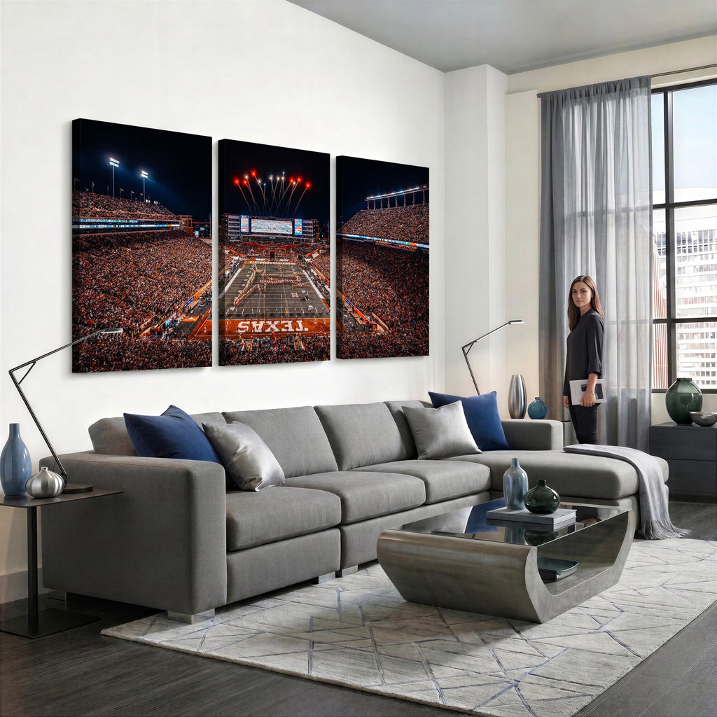 Texas Stadium Night Game Wall Art Canvas Print, Vibrant Football Fireworks Scene