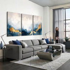 Abstract Blue and Gold Clouds Wall Art Canvas Print, Framed Modern Landscape Artwork