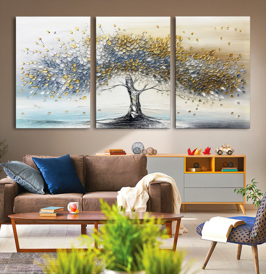 Silver Tree Wall Art | Framed Golden Leaves Canvas Artwork