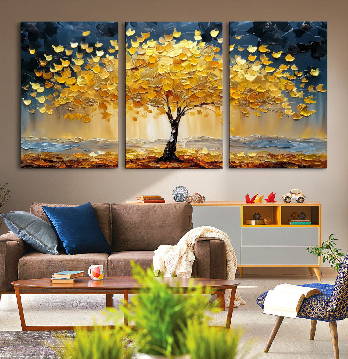 Golden Tree Wall Art | Framed Autumn Leaves Canvas Artwork