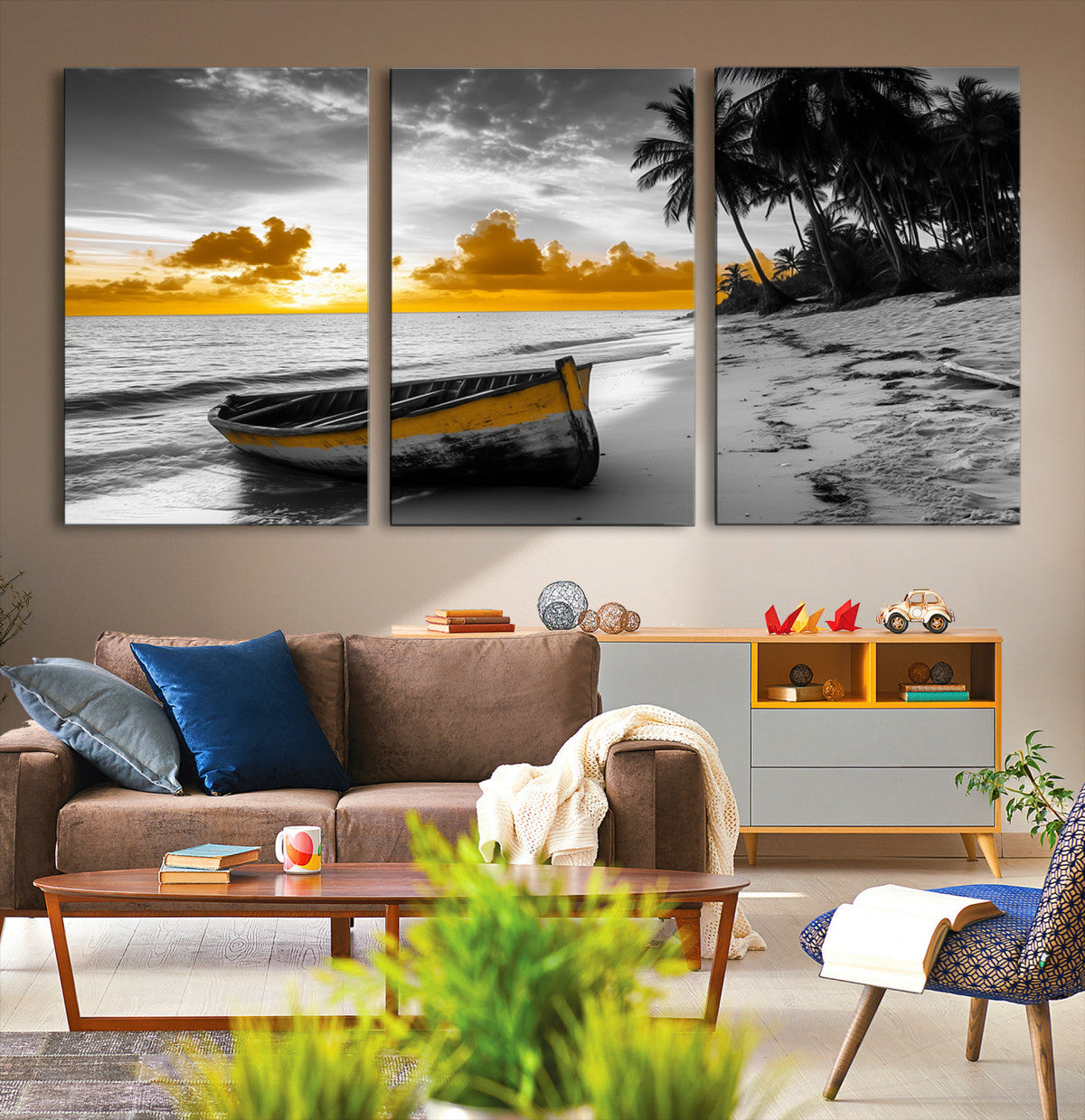 Yellow Rowboat Wall Art | Framed Tropical Shoreline Canvas