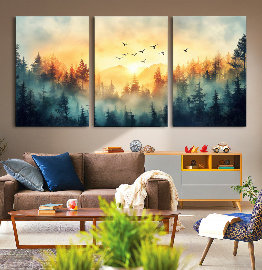 Sunrise Forest Wall Art | Framed Misty Pines Canvas Artwork