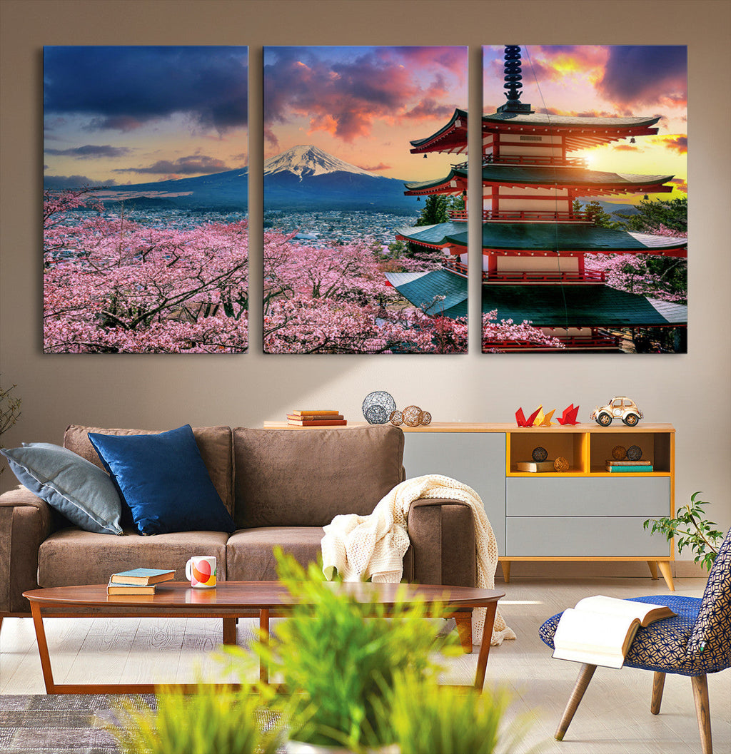 Mount Fuji Cherry Blossom Wall Art Canvas Print | Framed Pagoda Sunset