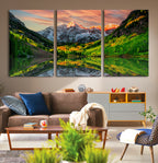 Sunset Glow Mountain Wall Art Canvas Print | Peaks, Green Forest and Lake