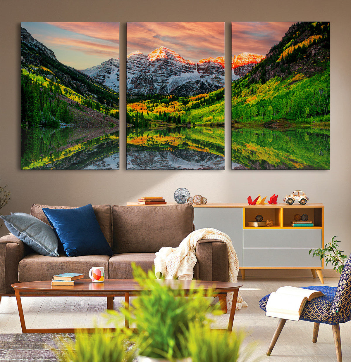Sunset Glow Mountain Wall Art Canvas Print | Peaks, Green Forest and Lake