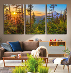Forest Sunset Wall Art Canvas Print | Green Pines in Golden Light