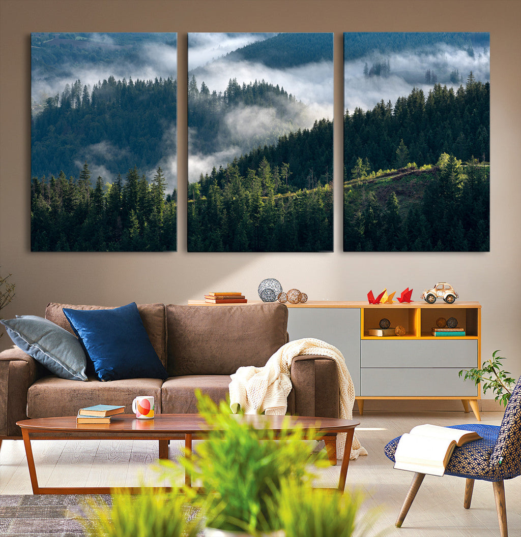 Misty Forest Wall Art Canvas Print | Pine Hills with Foggy Trees