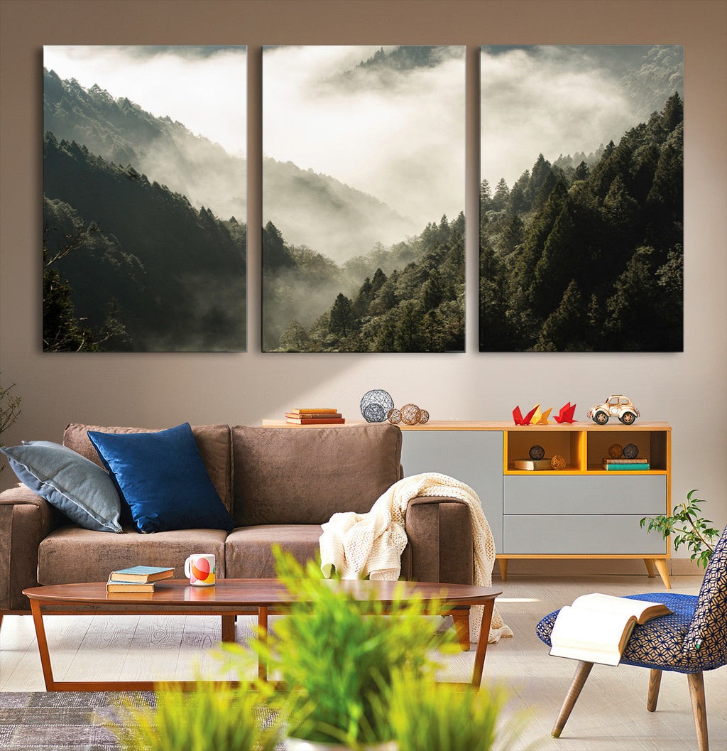 Misty Valley Wall Art Canvas Print | Foggy Forest and Pine Trees